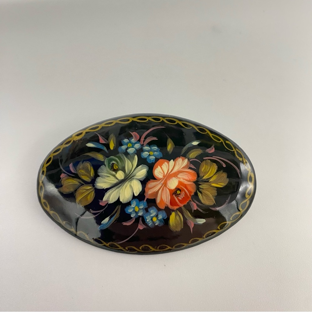 Russian Vintage Floral Hand Painted Signed Oval Brooch